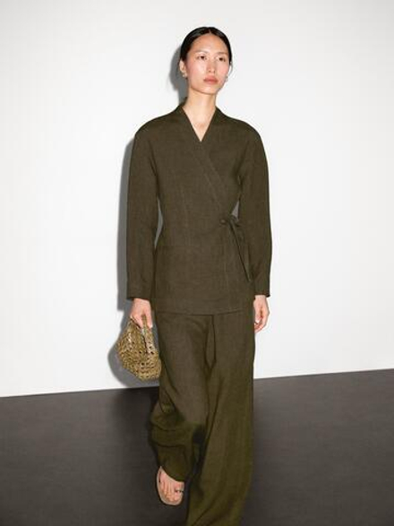 Massimo Dutti Брюки прямого кроя из 100% льна, зеленый