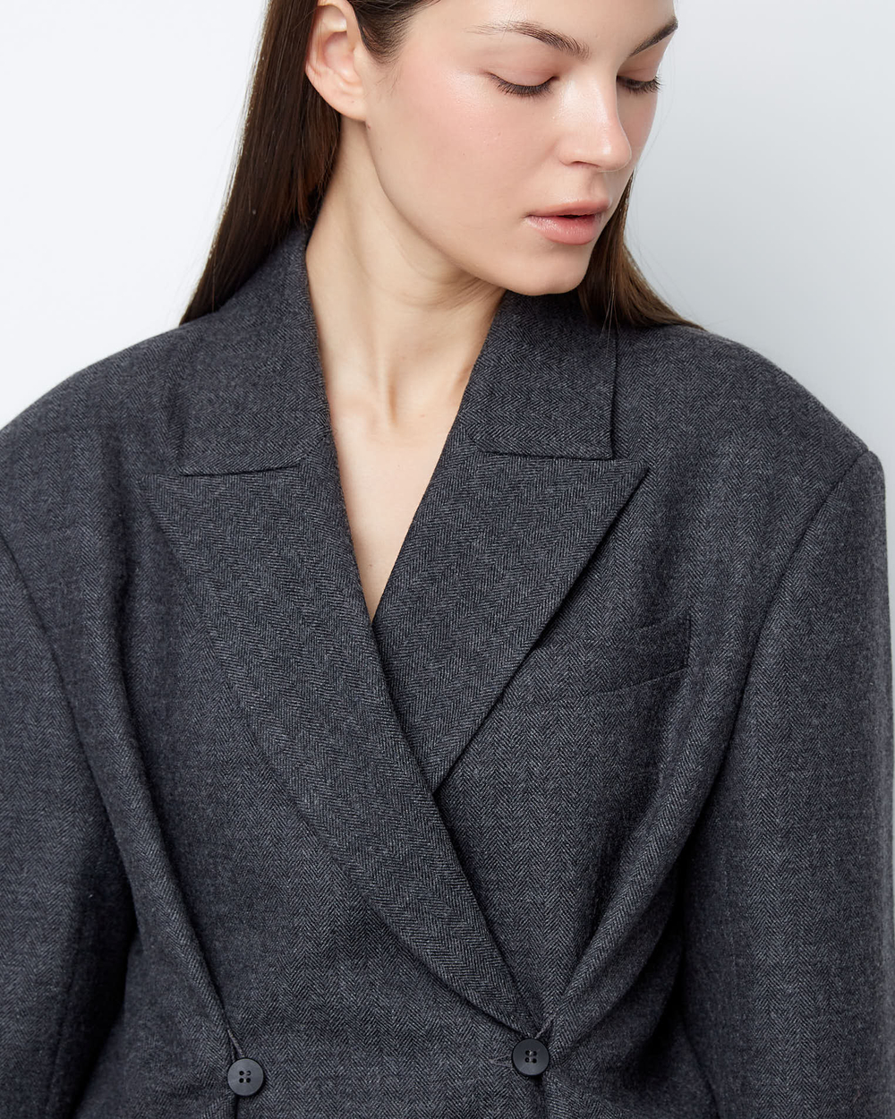 Жакет двубортный с дополнительными петлями из тонкой шерсти елочка серый