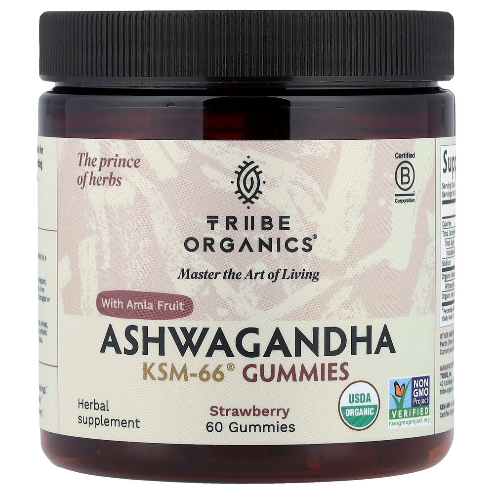 Tribe Organics, ашваганда KSM-66®, жевательные таблетки с плодами амлы, со вкусом клубники, 60 жевательных таблеток