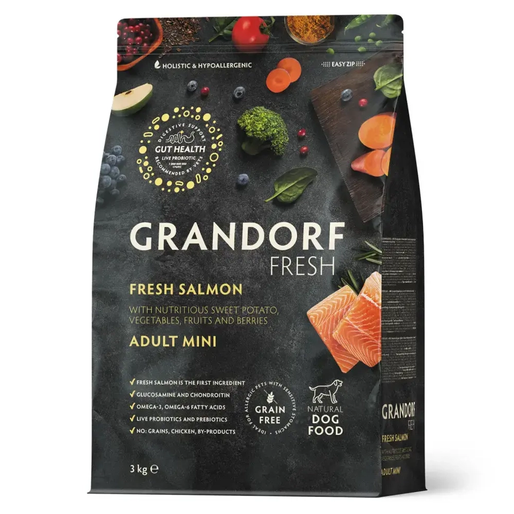 Grandorf fresh dog adult mini salmon&sweet potato сухой беззерновой корм с живыми пробиотиками для взрослых собак мелких пород с филе лосося и бататом - 3 кг