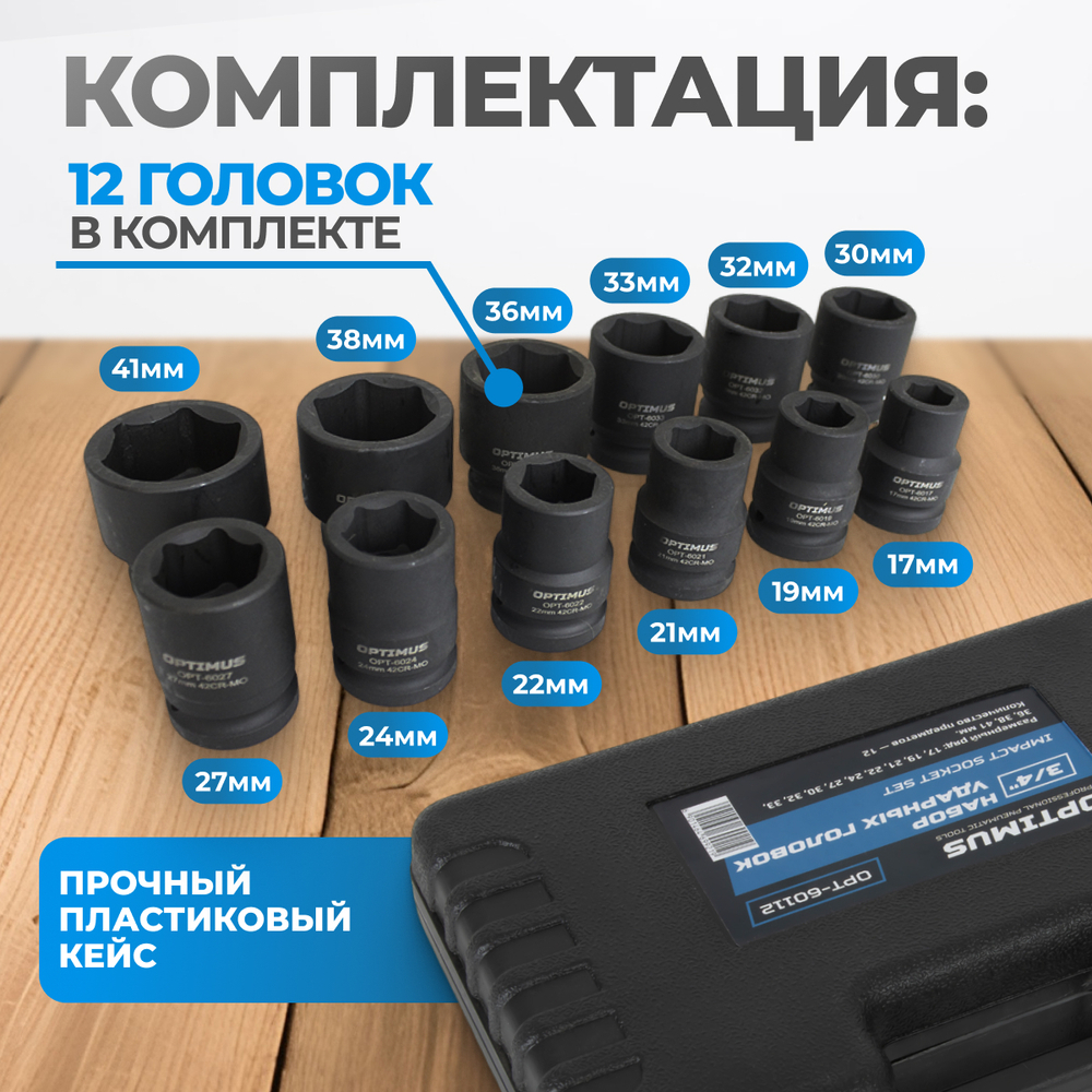 OPT-60112 Набор ударных головок 3/4", 17-41 мм, 12 предметов