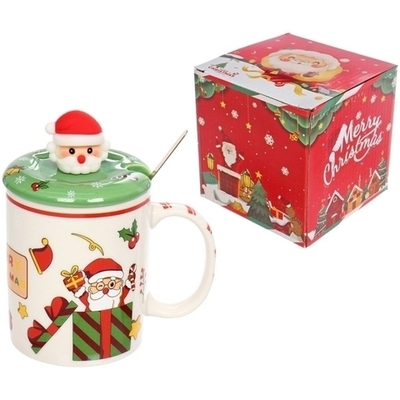 Кружка керамическая 400мл «Новогодний микс» с крышкой и ложкой