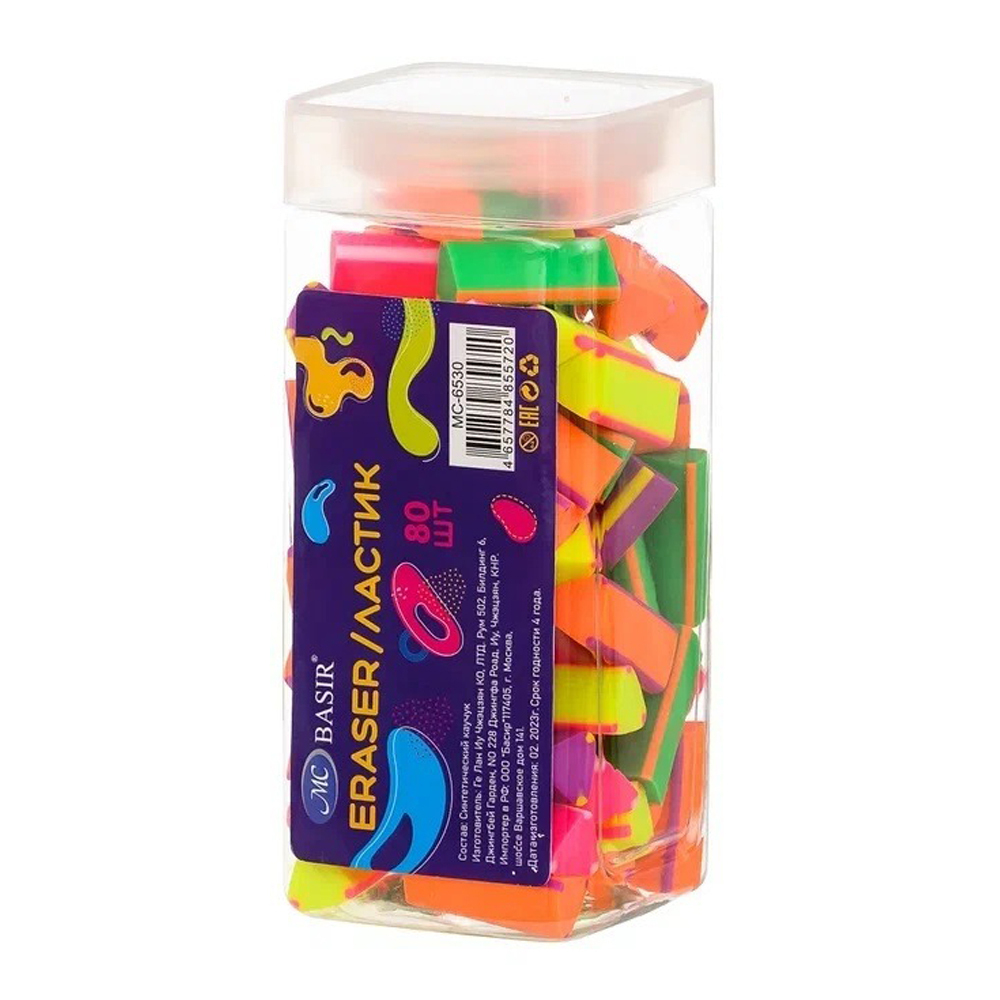Ластик Basir, треугольная форма, неоновый разноцветный корпус, с цветными вставками по бокам, размер 2.8*1.2 см