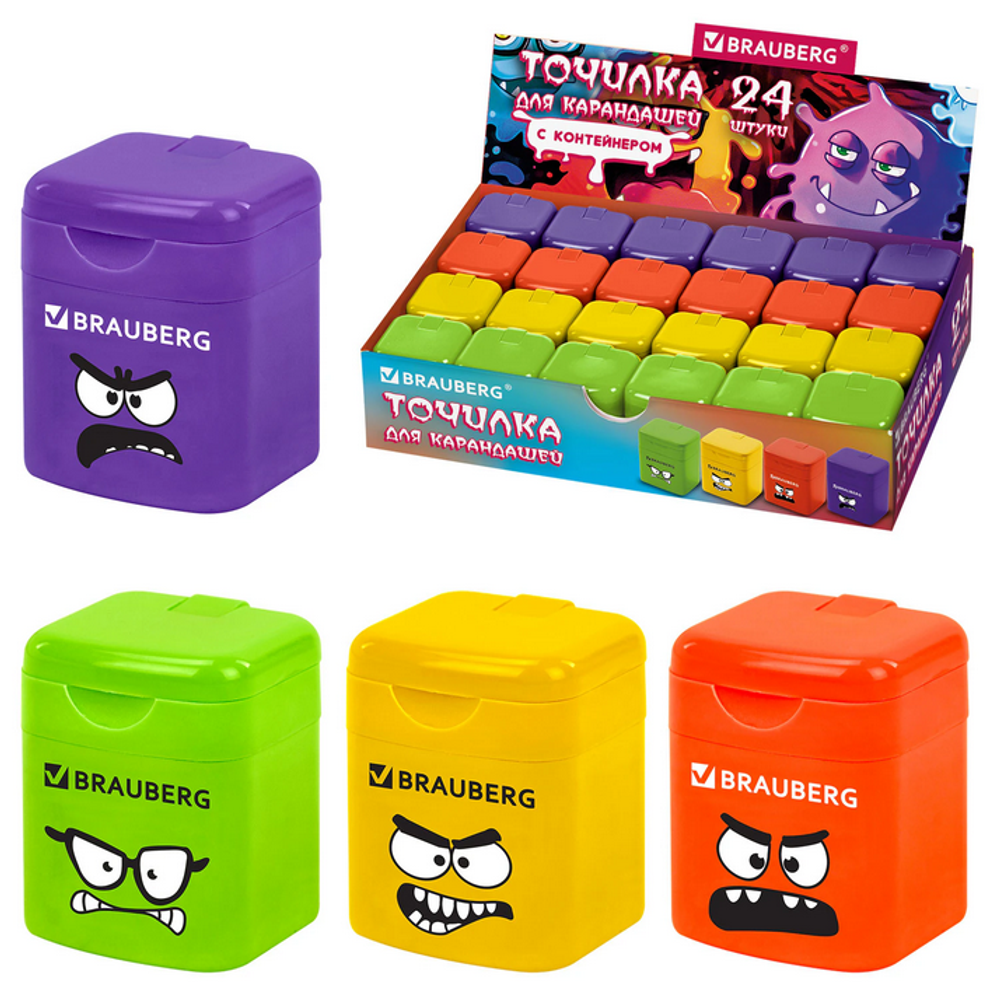 Точилка 1отв. пластик. с контейнером, кросс-серия "Монстрики" цвета ассорти (BRAUBERG)