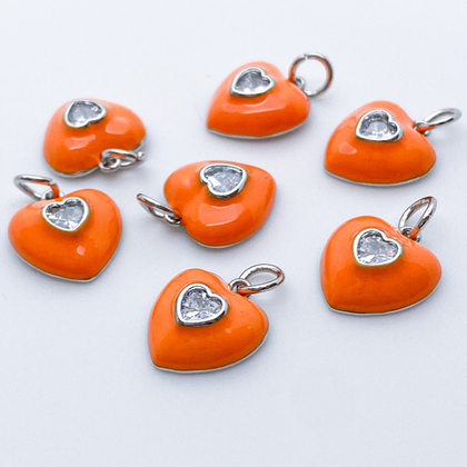 Подвеска Сердце, цвет серебро (родий)+оранжевый, размер 13*12 мм, цена за 1 шт