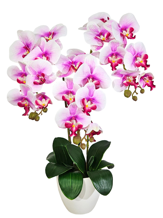 Искусственные цветы Орхидеи 3 ветки бело-лиловые 65см в кашпо