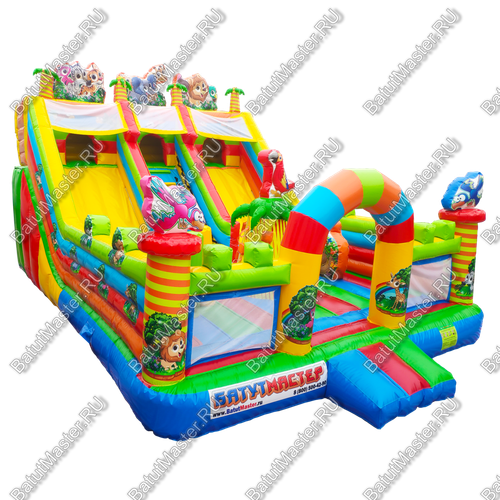 Коммерческий надувной батут "Дружная компания" в тематике "слоник в джунглях", 8*6*6 м