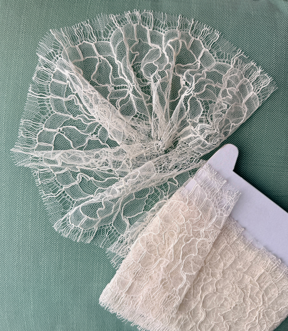 Кружево тонкое на сетке ширина 15см цвет молочно-белый Италия 1 м