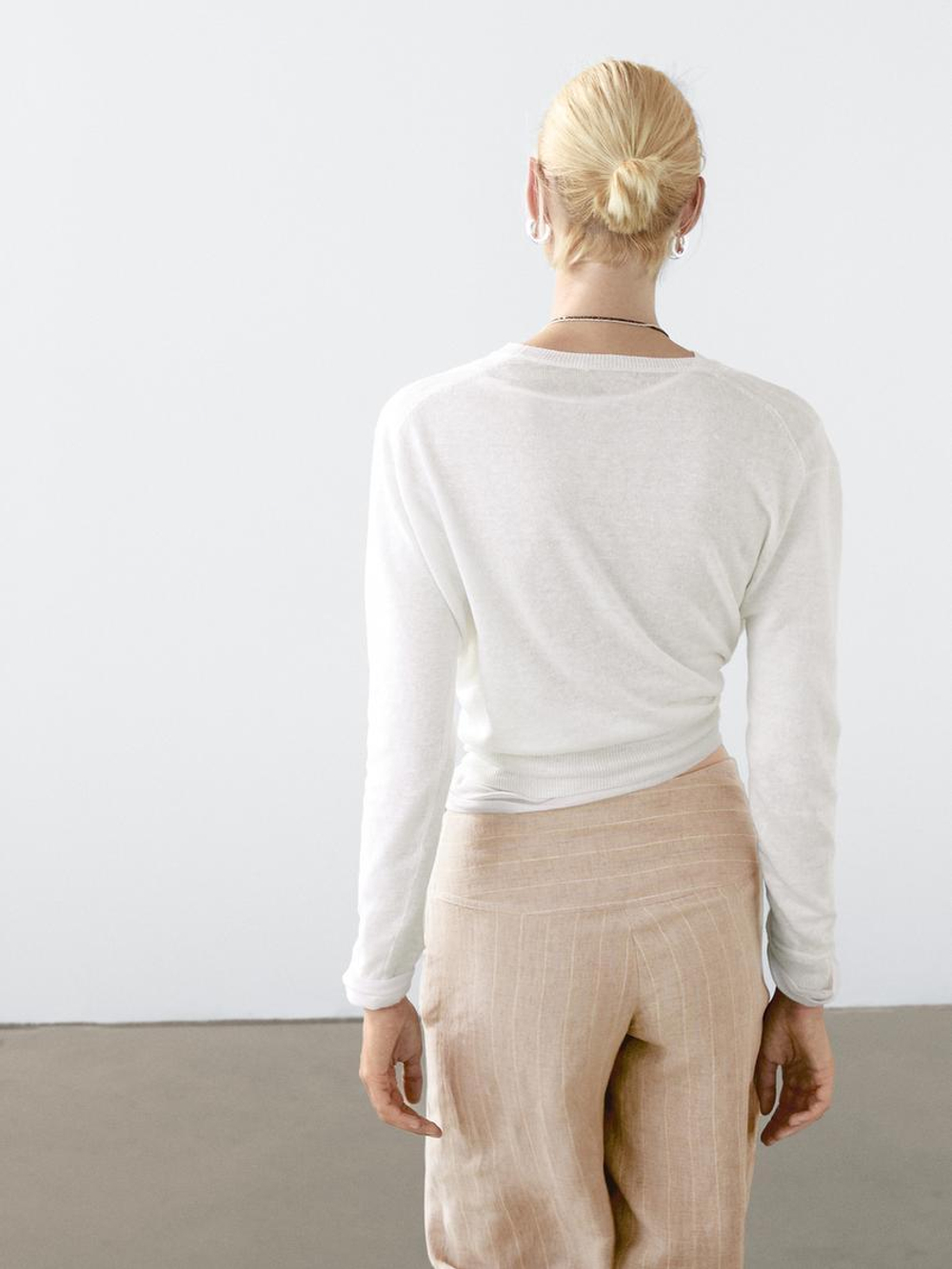 Massimo Dutti Свитер из 100% льна с круглым вырезом, белый