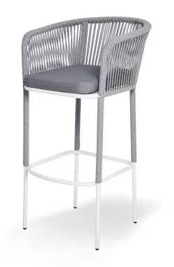 "Марсель" стул барный плетеный из роупа, каркас из стали светло-серый (RAL7035) муар, роуп светло-серый круглый, ткань светло-серая