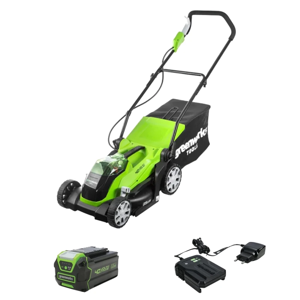 Аккумуляторная газонокосилка Greenworks G40LM35K5 40В (1 x 5 Ач, ЗУ) нож 35 см, 2501907UG