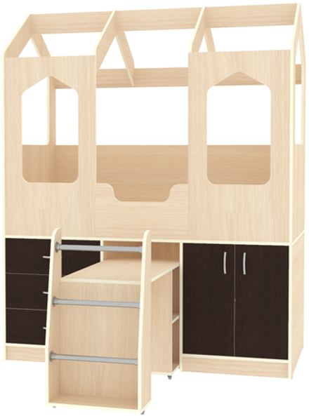 Кровать-чердак КарИВи Домик Сказка с выдвижным столом ДС-14  Дуб Молочный Венге