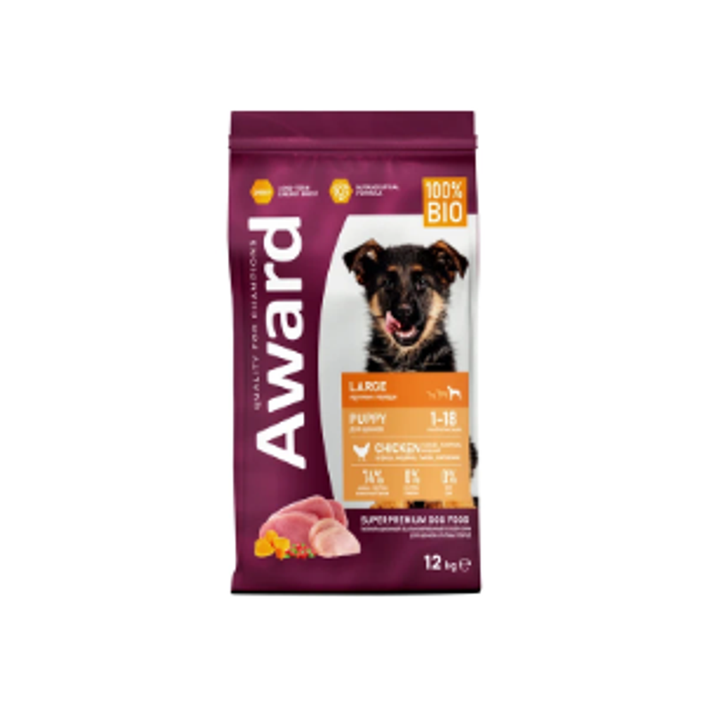 Сухой корм AWARD для щенков от 1 месяца крупных пород с курицей и индейкой с добавлением тыквы и шиповника 12кг
