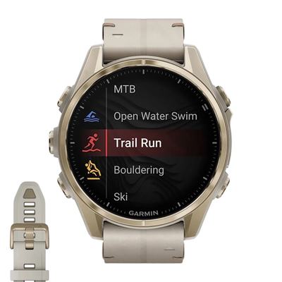 Спортивные часы Garmin fenix 8, 43 мм, AMOLED, кожаный ремешок цвета «известняк», силиконовый ремешок цвета «серый туман»/«тёмный песчаник» Золотистый безель из нержавеющей стали, AMOLED-дисплей. Кожаный ремешок и силиконовый ремешок с классическими застё