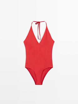 Massimo Dutti Купальник с V-образным вырезом и горловиной халтер, ярко-красный