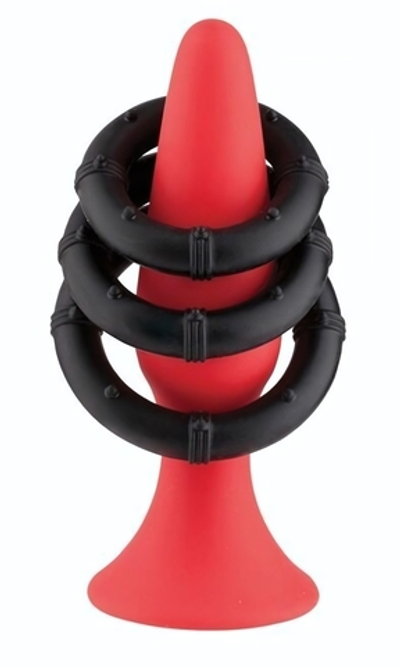Набор из красного анального плага и 3 черных эрекционных колец (Цвет: красный с черным)