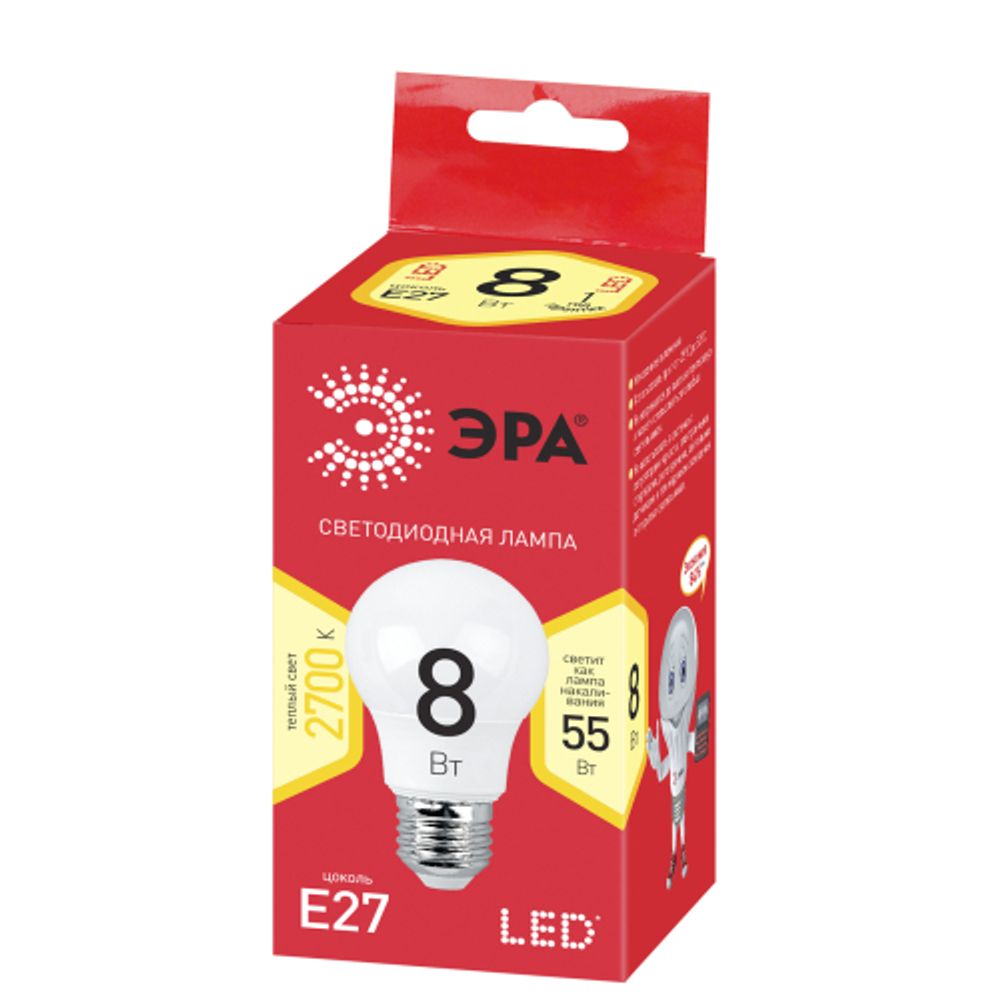 Лампочка светодиодная ЭРА RED LINE ECO LED A55-8W-827-E27 E27 / Е27 8Вт груша теплый белый свет