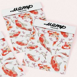 Ткань интерлок японские карпы с веточками цветов