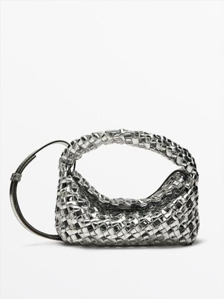 Massimo Dutti Плетеная мини-сумка из кожи наппа, серебряный