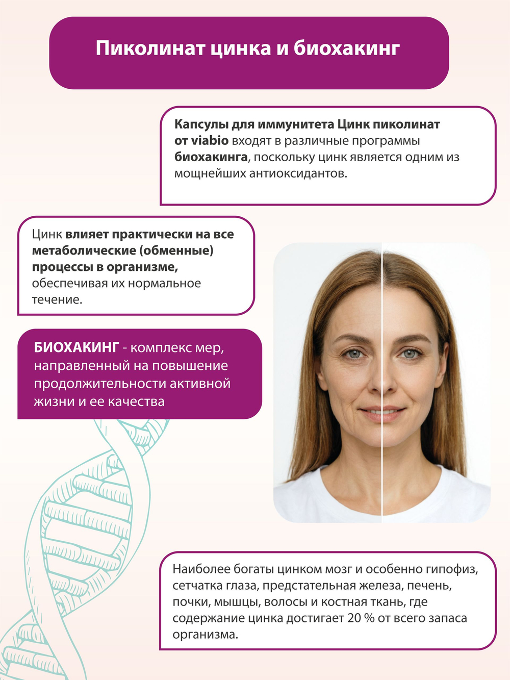 Цинк пиколинат VIABIO, капсулы для иммунитета и гормонального здоровья мужчин и женщин, антиоксидант, 60 капсул