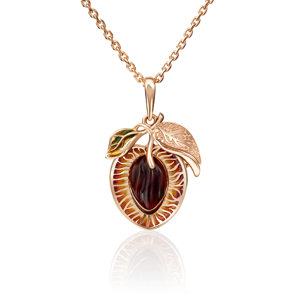 Подвеска «Слива» из красного золота с янтарём и эмалью