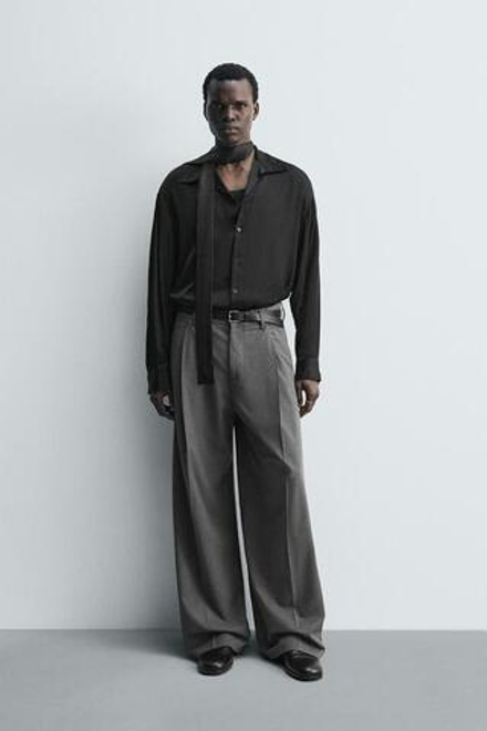 ZARA БРЮКИ WIDE FIT СО СКЛАДКАМИ, СЕРЫЙ