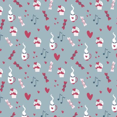 Принт с сердечками и сладостями на голубом фоне