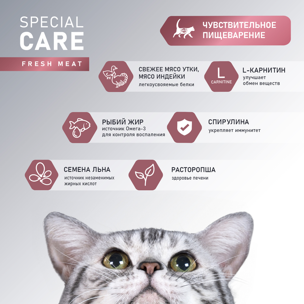 Сухой корм AWARD SPECIAL CARE Sensitive Digestion для взрослых кошек с чувствительным пищеварением со свежим мясом утки 1,5кг