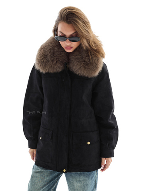 Черный пуховик из эко-замши с мехом песца и кожаным воротником