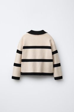 ZARA ТРИКОТАЖНОЕ ПОЛО В ПОЛОСКУ С СЕРДЦЕМ, ЭКРЮ/ЧЕРНЫЙ