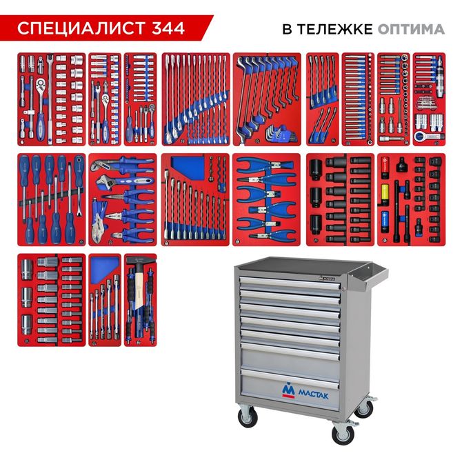 МАСТАК (52-07344G) Набор инструментов 344 предмета, "СПЕЦИАЛИСТ 344", в серой тележке
