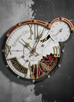Настенные часы WOODandROOT Automaton 1789 Hermitage с открытым механизмом и шестерёнками в стиле стимпанк на бетонной стене
