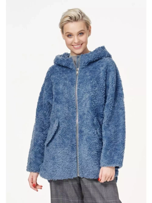 Шуба женская из шерсти мериноса чебурашка тедди, голубая, SilverFox