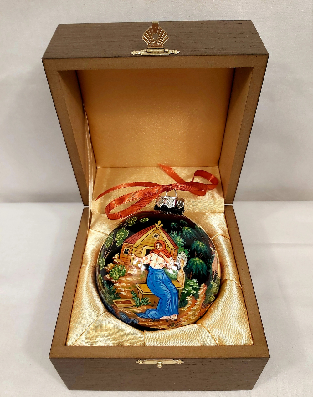 Шар новогодний (круговая роспись Палех) "Золотая рыбка" в футляре