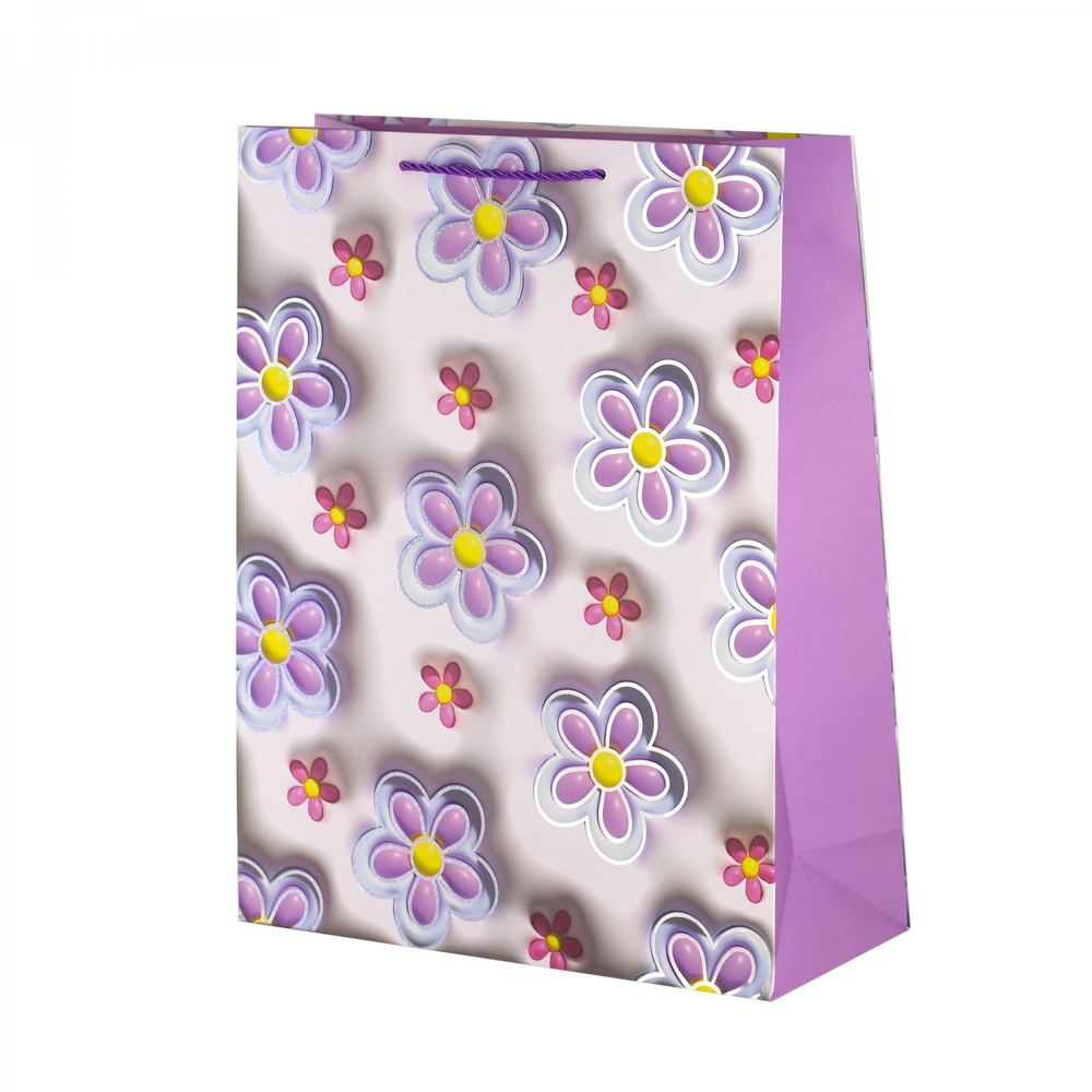 Пакет подарочный бумажный Alingar, (L+) 26х32х10 см, вертикальный, "Нежные цветочки", матов. ламинация, тиснение голография, эффект 3D, ассорти