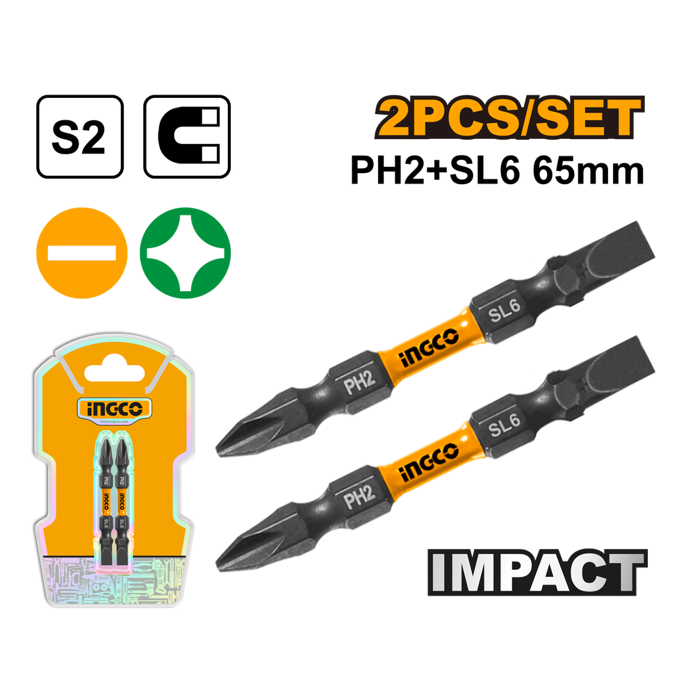 Набор ударных бит для шуруповерта IMPACT INGCO SDBIM72HL665 INDUSTRIAL PH2+SL6x65 мм 2 шт.