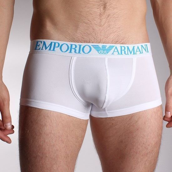 Мужские трусы хипсы белые с бирюзовой надписью Emporio Armani Basic Intimates Trunks