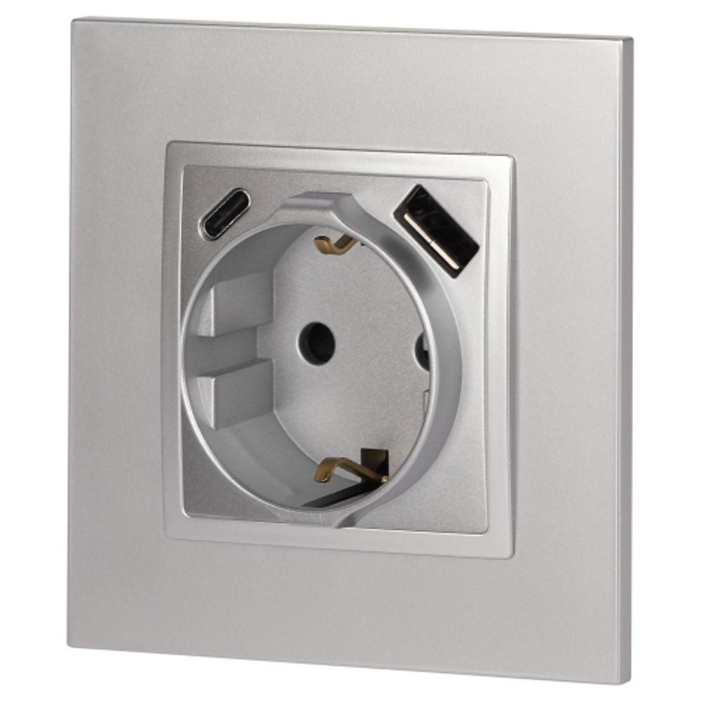 Розетка ЭРА Elegance 14-4108-03 2P+E 16A-250В со шторками с USB type-A+C 5В-3А алюминий | Розетки и выключатели