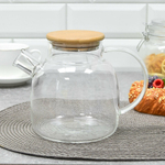 Чайник заварочный 1,5л стеклянный с бамбуковой крышкой, SA-TP03-1500