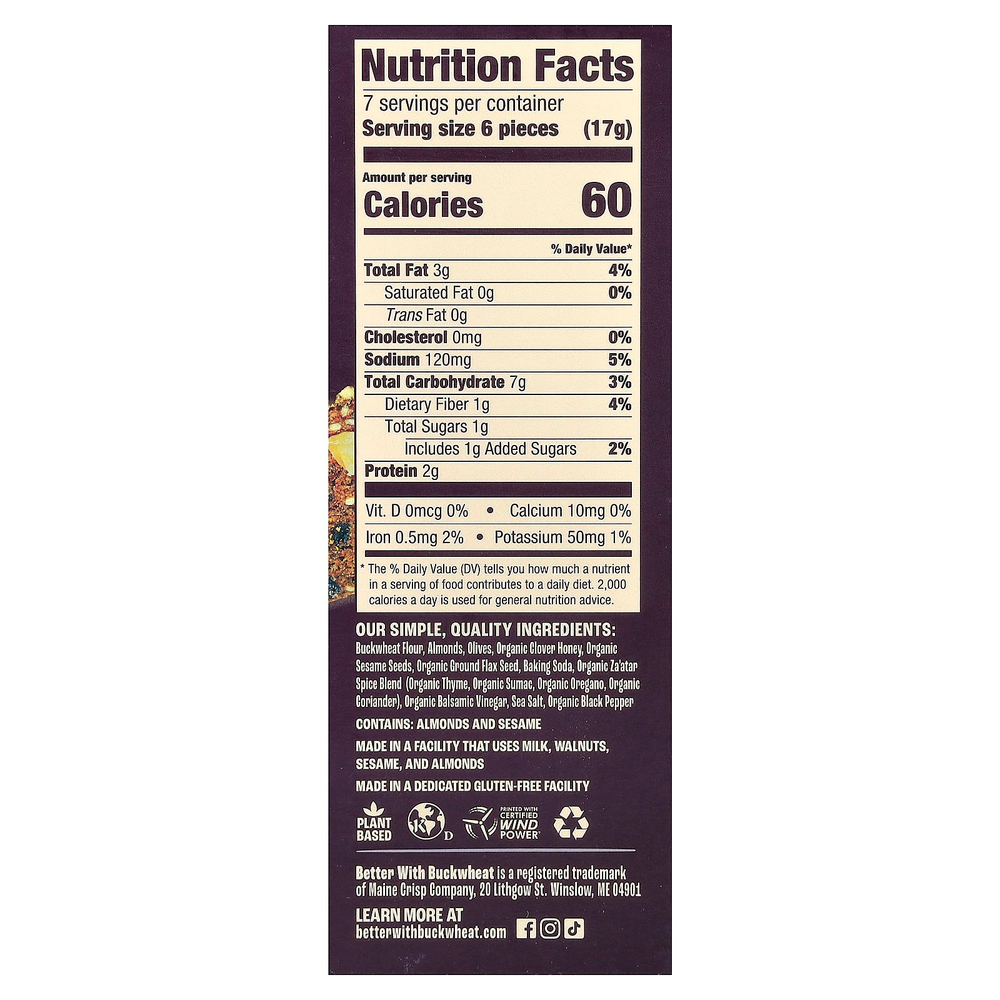 Better with Buckwheat, Crisps, крекеры-снеки, оливки и заатар, 113 г (4 унции)