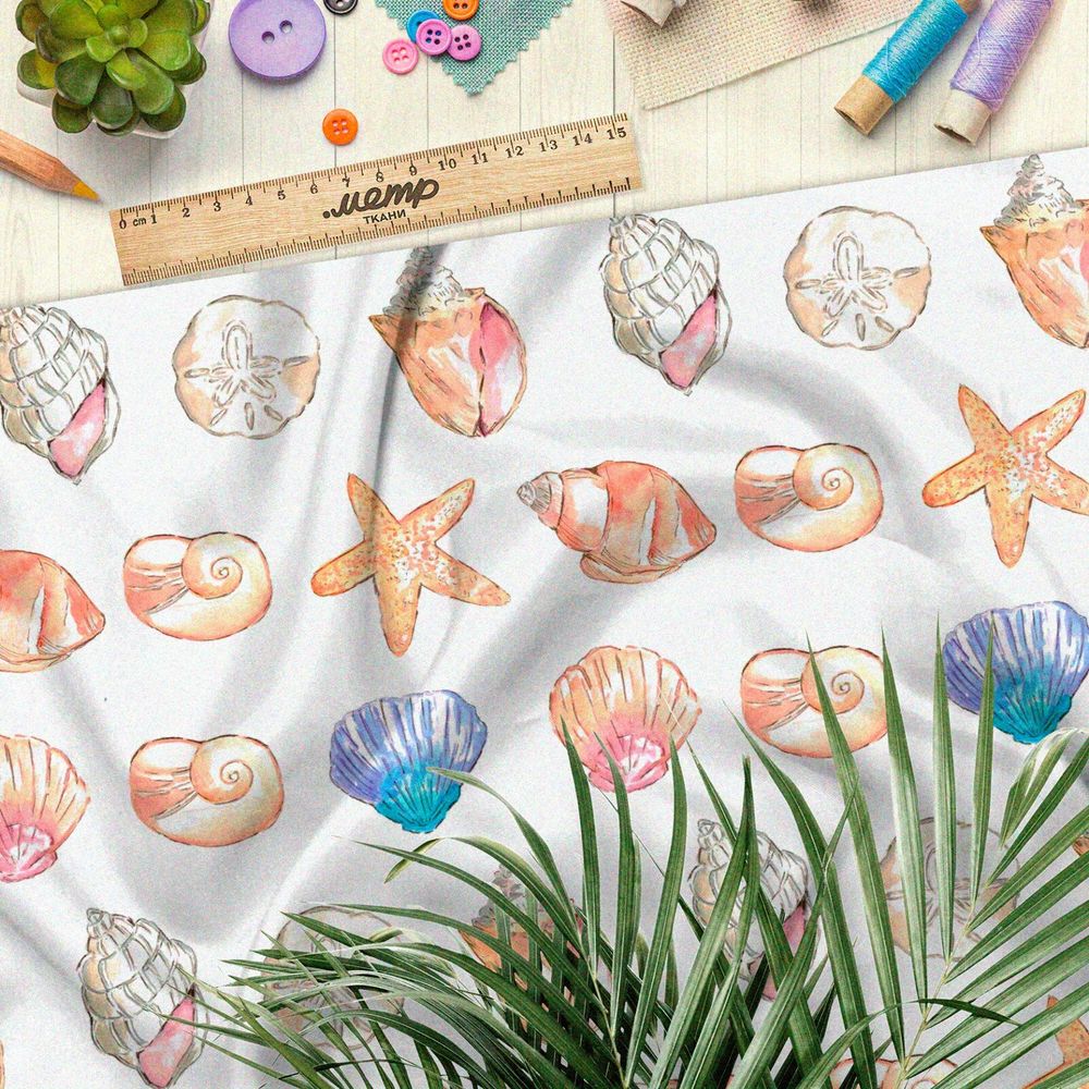 Ткань оксфорд 600 разноцветные ракушки и морские звёзды