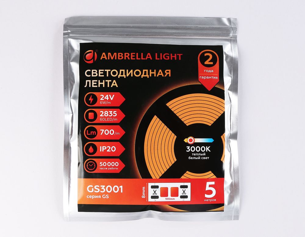 Ambrella Светодиодная лента Ambrella Light GS3001 2835 60Led /6W m/ 24V IP20 3000K 5m LED Strip 24V GS3001