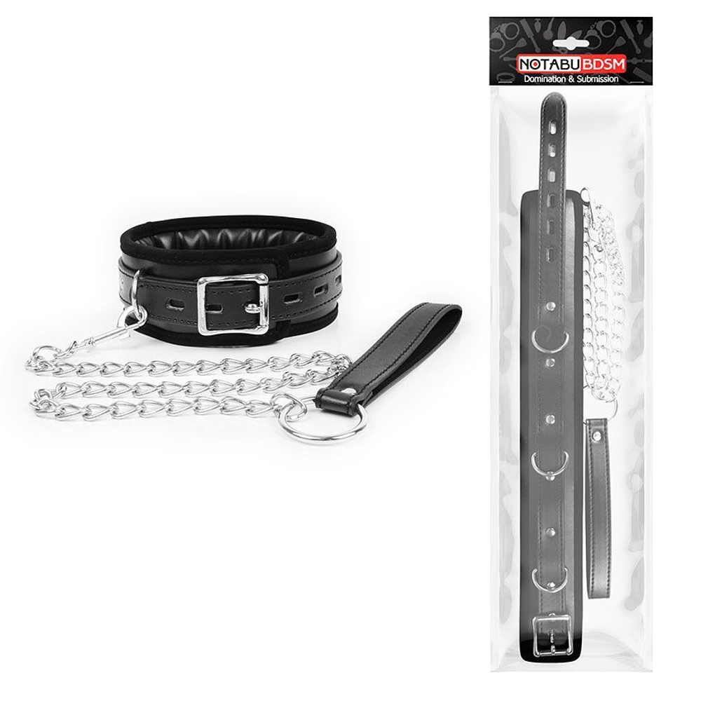 Черный ошейник на металлическом поводке с ручкой-петлей (Цвет: черный)