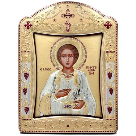 Икона Пантелеймона Целителя в серебряном киоте 23 х 30,5 см