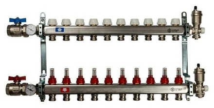 Коллектор Stout 1" x 3/4" на 10 контуров с расходомерами в сборе (нерж. сталь) SMS-0907-000010