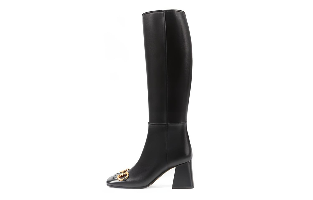 GUCCI Horsebit Knee High Boots 7.5cm Women"s Black