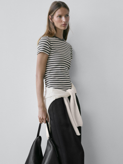 Massimo Dutti Хлопковая футболка в полоску, серый