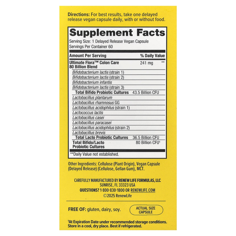 Renew Life, Colon Care Ultimate Flora™, пробиотик Colon Care, 60 веганских капсул с отсроченным высвобождением