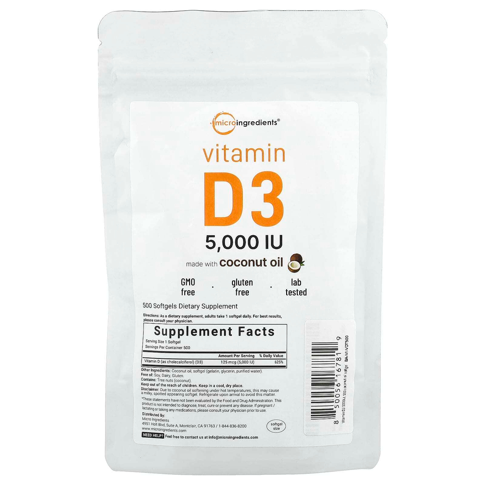 Micro Ingredients, Витамин D3, 5000 МЕ, 500 мягких таблеток