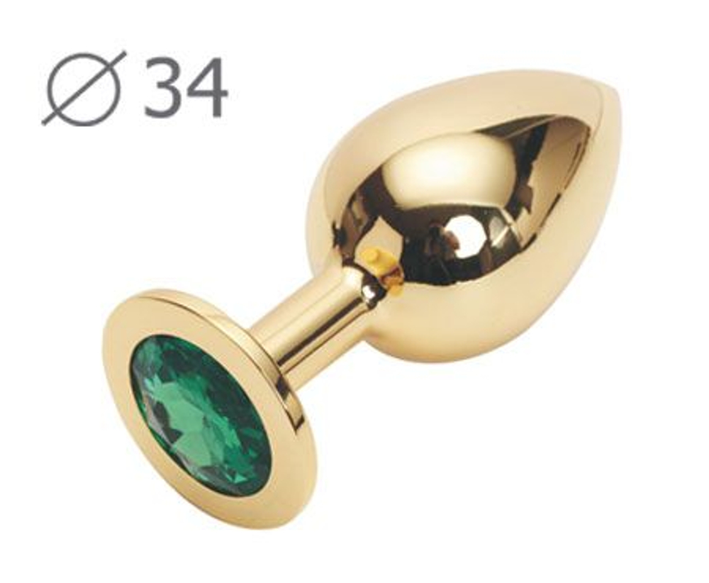 Коническая золотистая анальная втулка с зеленым кристаллом - 8,2 см. (Цвет: зеленый)